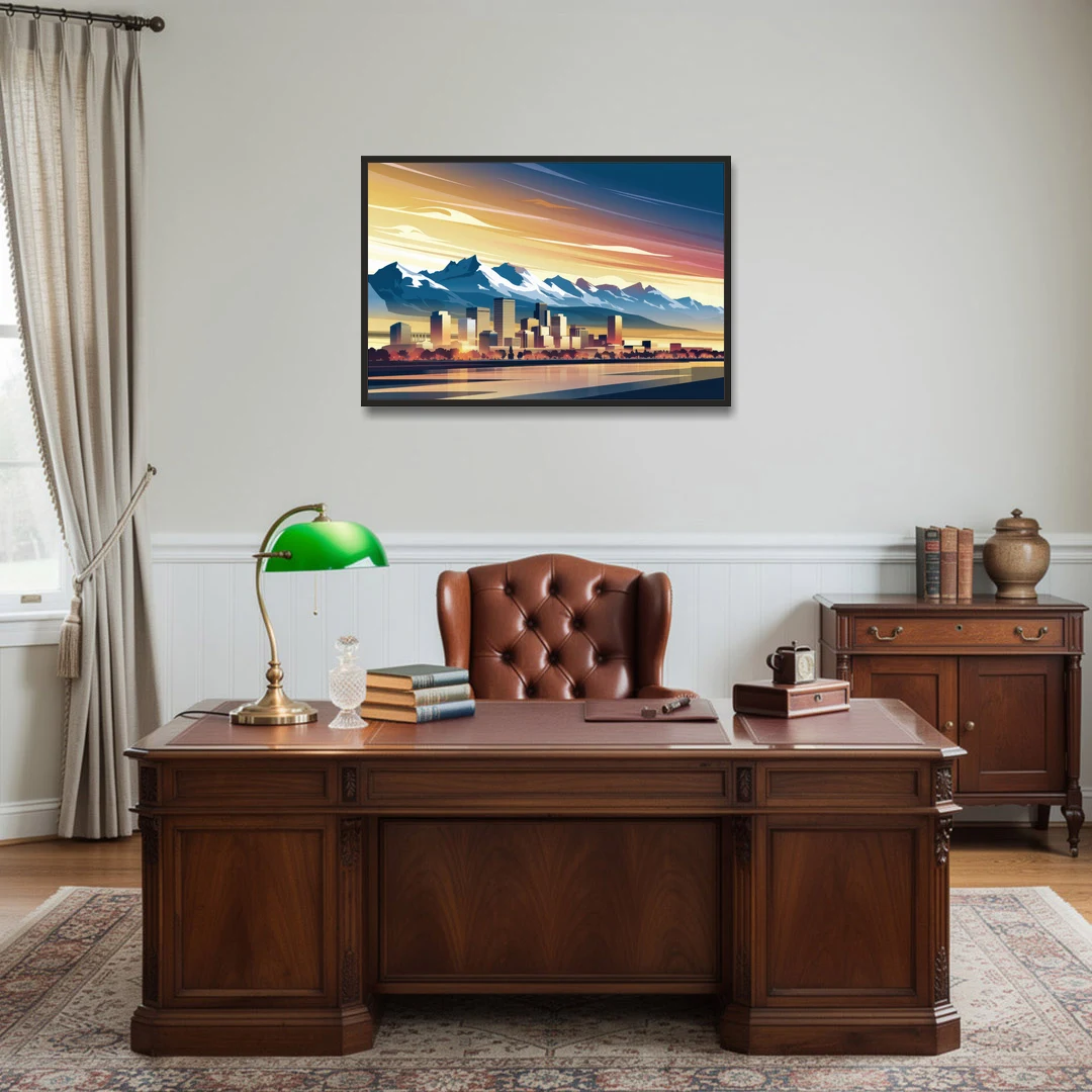 Denver Sunset Over Rockies - Black Framed Canvas Wall Art - Office - 36x24