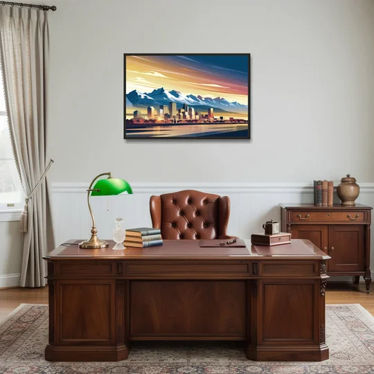 Denver Sunset Over Rockies - Black Framed Canvas Wall Art - Office - 36x24