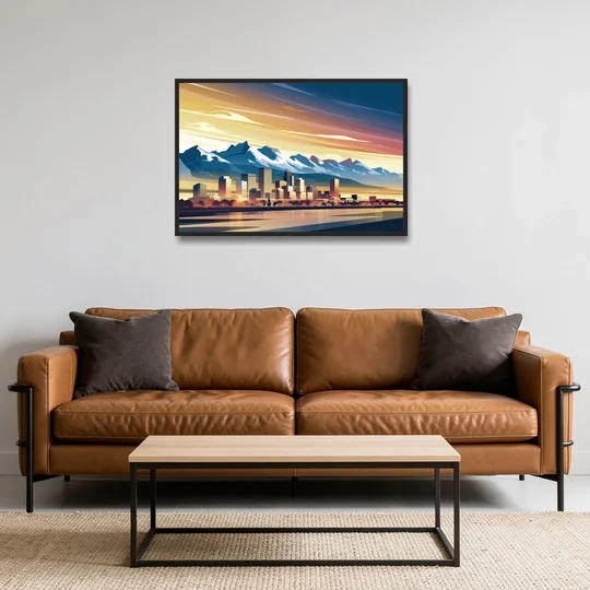 Denver Sunset Over Rockies - Black Framed Canvas Wall Art - Sofa - 36x24