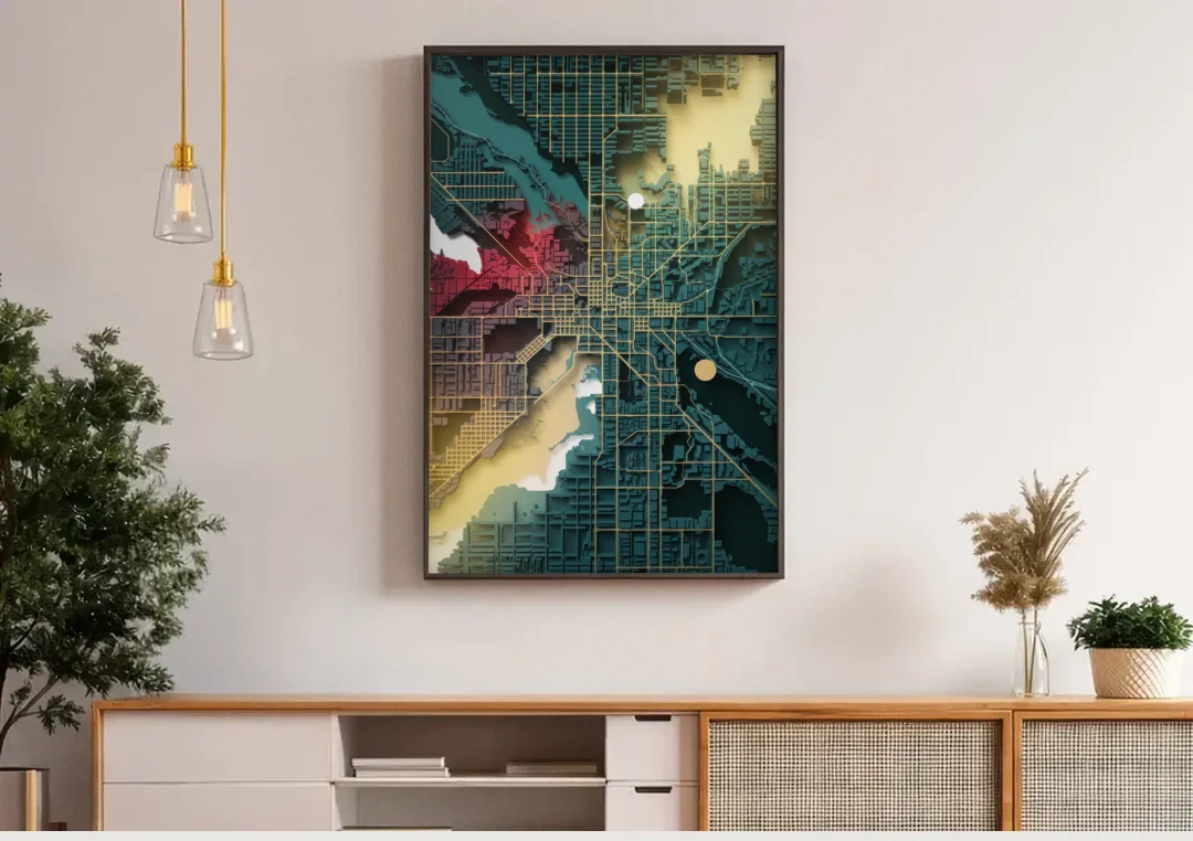 Denver Urban Street Vibes canvas wall art above a wooden sideboard under pendant lights