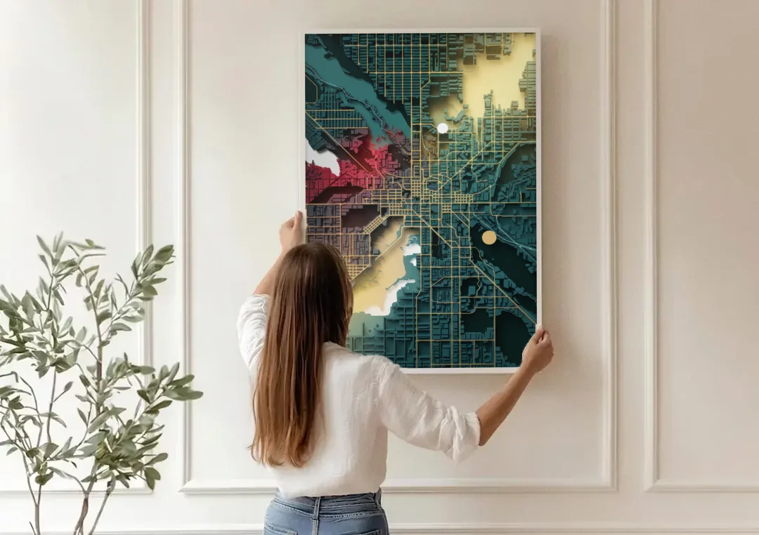 Denver Urban Street Vibes canvas wall art being hung on a paneled wall