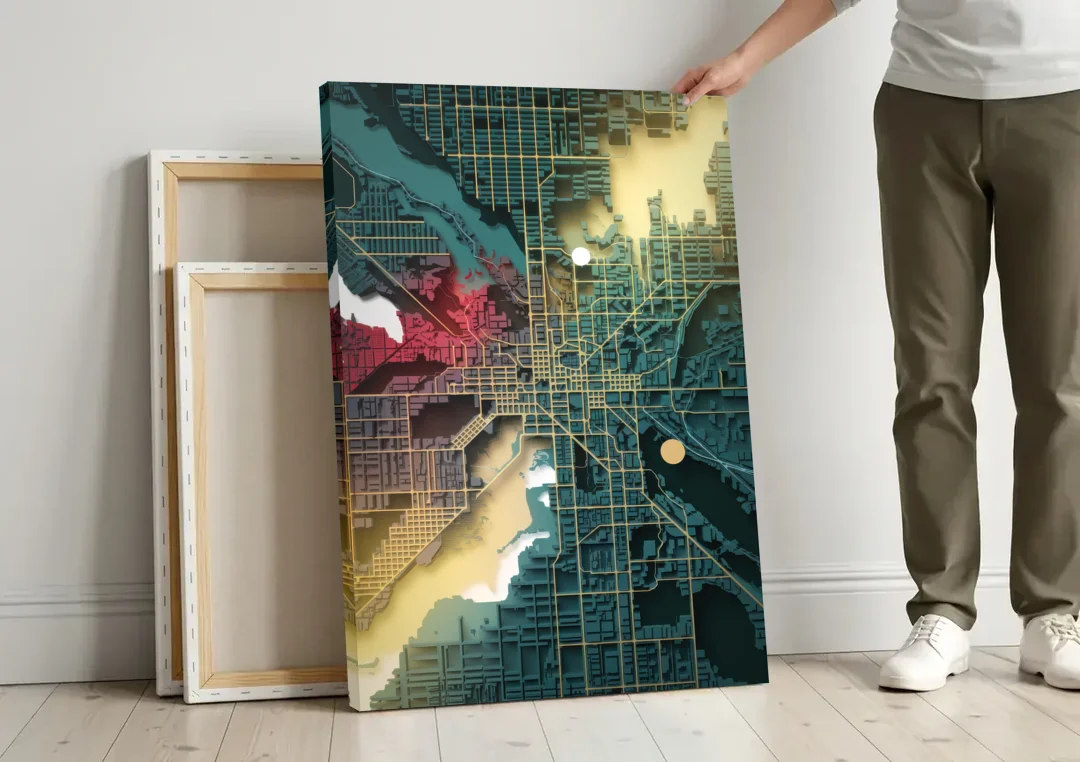 Denver Urban Street Vibes canvas wall art leaning against a wall next to blank canvases