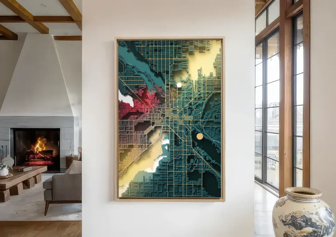Denver Urban Street Vibes canvas wall art in a living room with a fireplace
