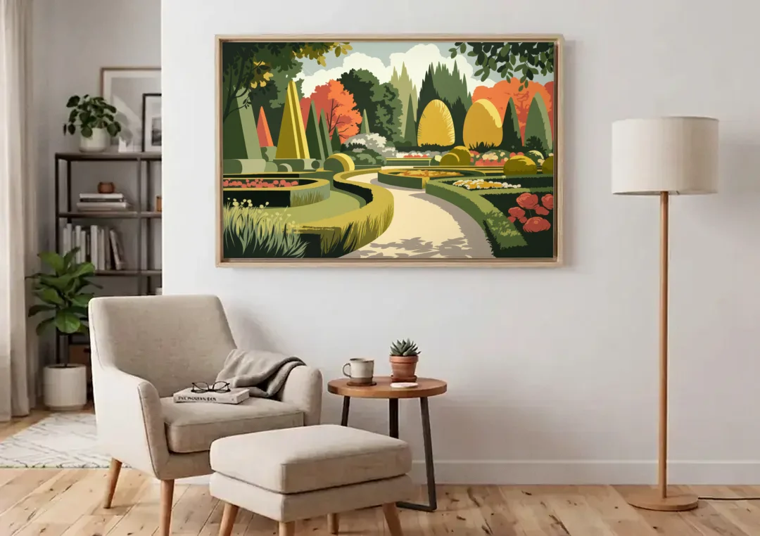 Des Moines Arboretum Views canvas wall art above an armchair in a bright living room