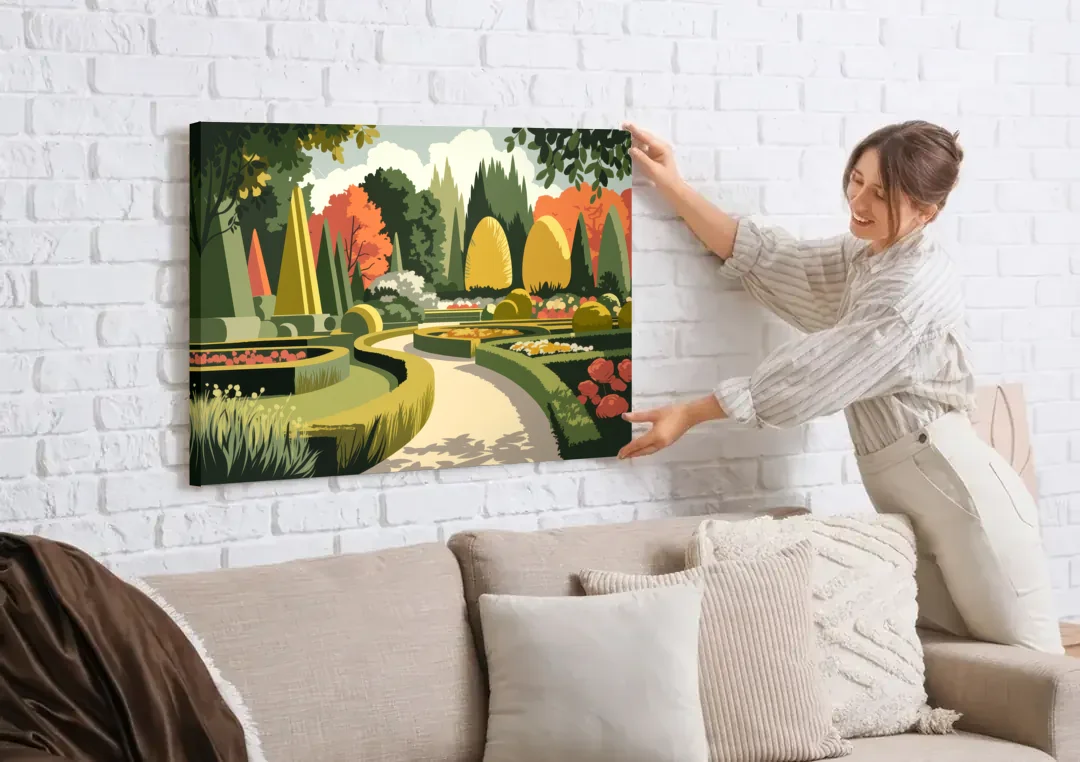 Des Moines Arboretum Views canvas wall art being hung on a white brick wall above a sofa
