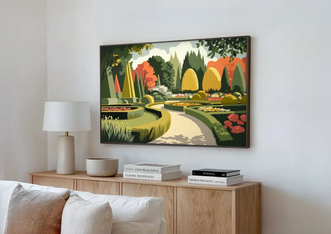 Des Moines Arboretum Views canvas wall art above a wooden sideboard next to a sofa