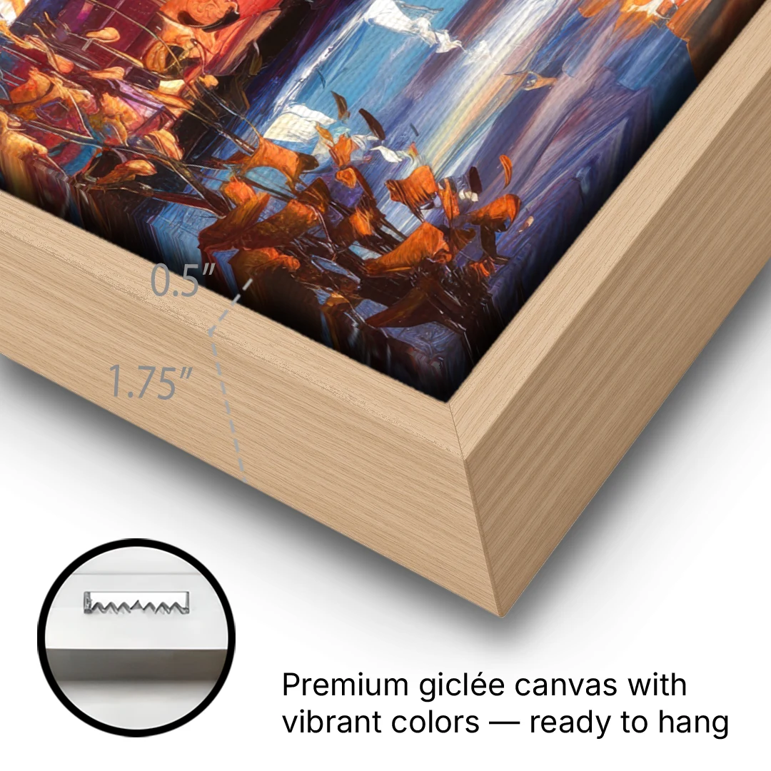 Des Moines Evening Lights - Oak Framed Canvas Wall Art - Gallery Wrap Corner