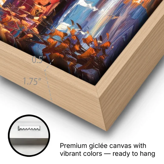 Des Moines Evening Lights - Oak Framed Canvas Wall Art - Gallery Wrap Corner