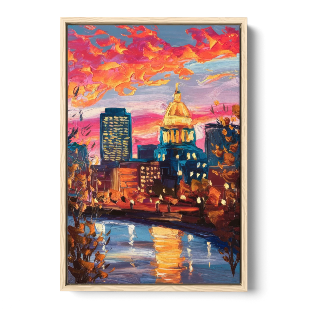 Des Moines Evening Lights - Oak Framed Canvas Wall Art - Front