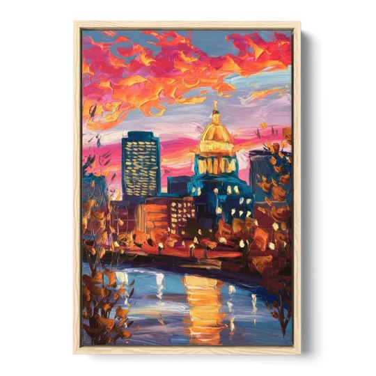 Des Moines Evening Lights - Oak Framed Canvas Wall Art - Front
