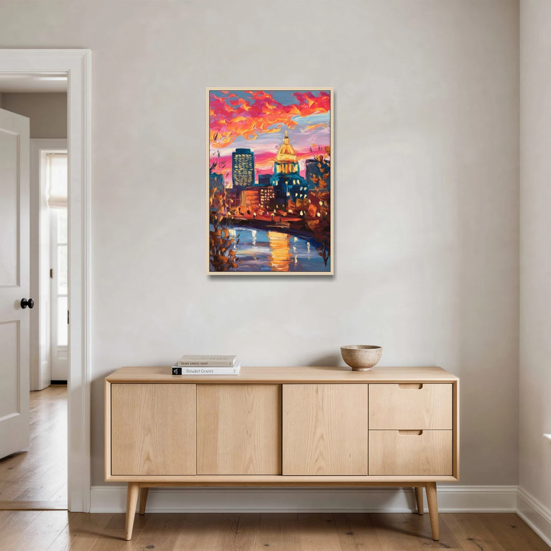 Des Moines Evening Lights - Oak Framed Canvas Wall Art - Coffee Table - 24x36