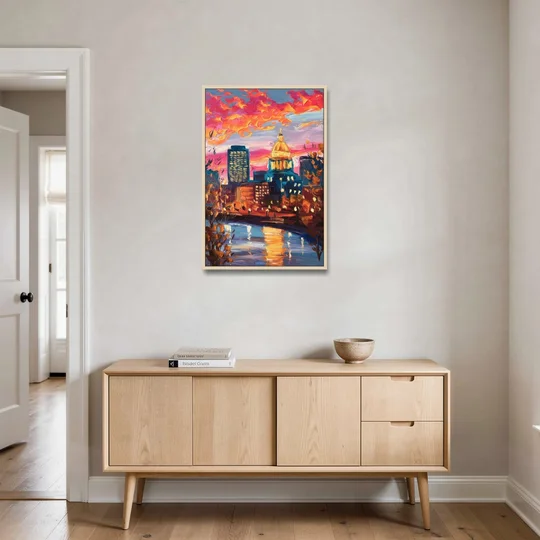 Des Moines Evening Lights - Oak Framed Canvas Wall Art - Coffee Table - 24x36