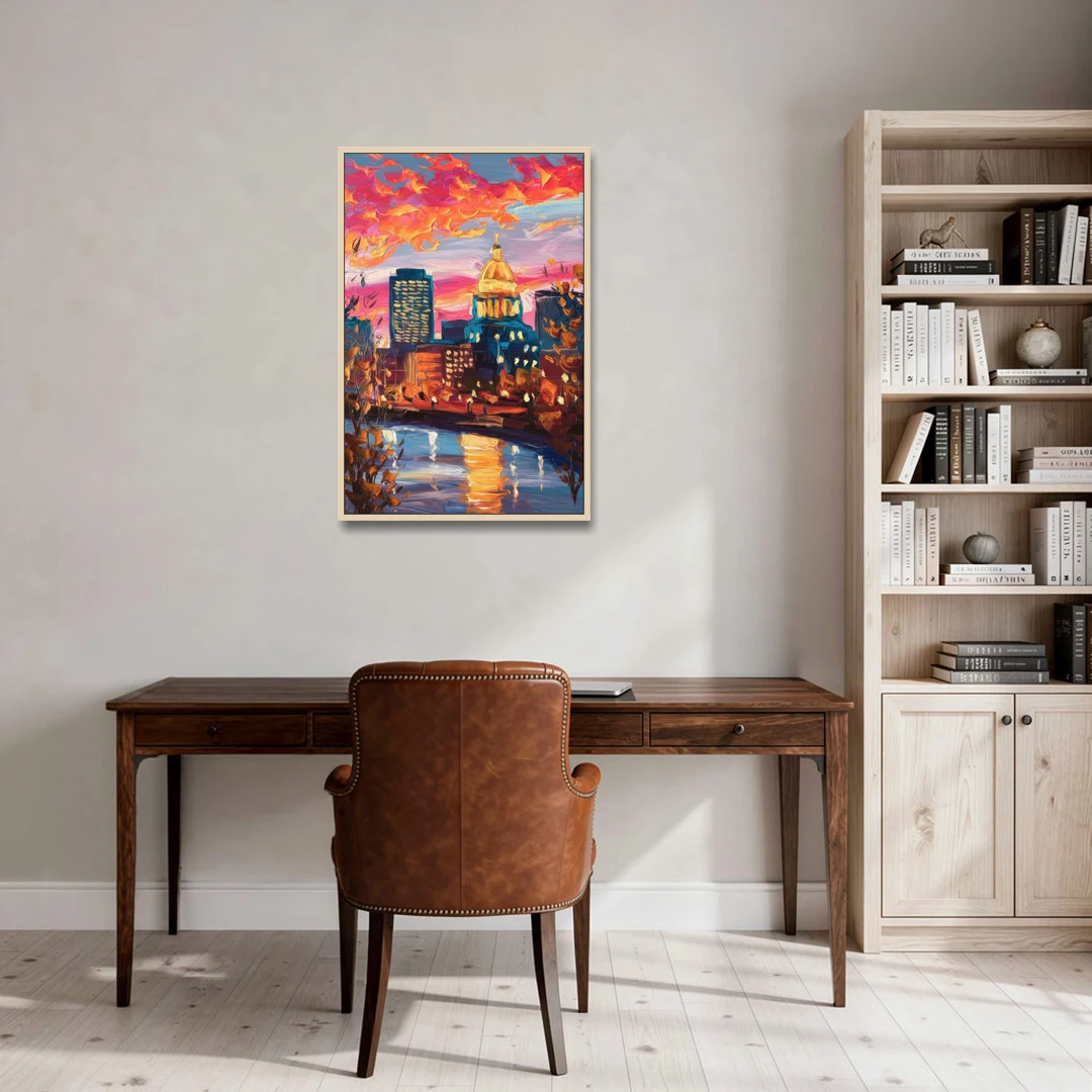 Des Moines Evening Lights - Oak Framed Canvas Wall Art - Office - 24x36
