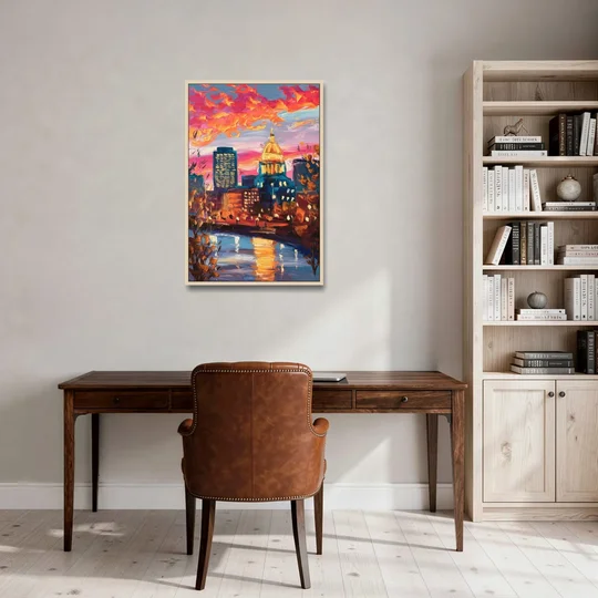 Des Moines Evening Lights - Oak Framed Canvas Wall Art - Office - 24x36