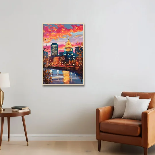 Des Moines Evening Lights - Oak Framed Canvas Wall Art - Sofa - 24x36