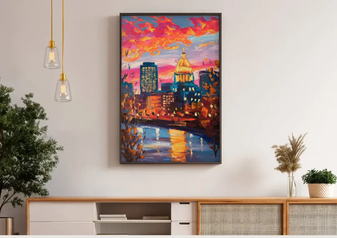Des Moines Evening Lights canvas wall art above a wooden sideboard under pendant lights