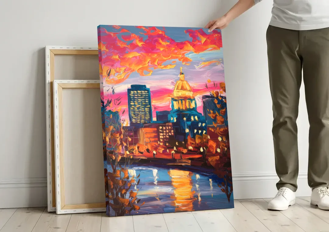 Des Moines Evening Lights canvas wall art leaning against a wall next to blank canvases