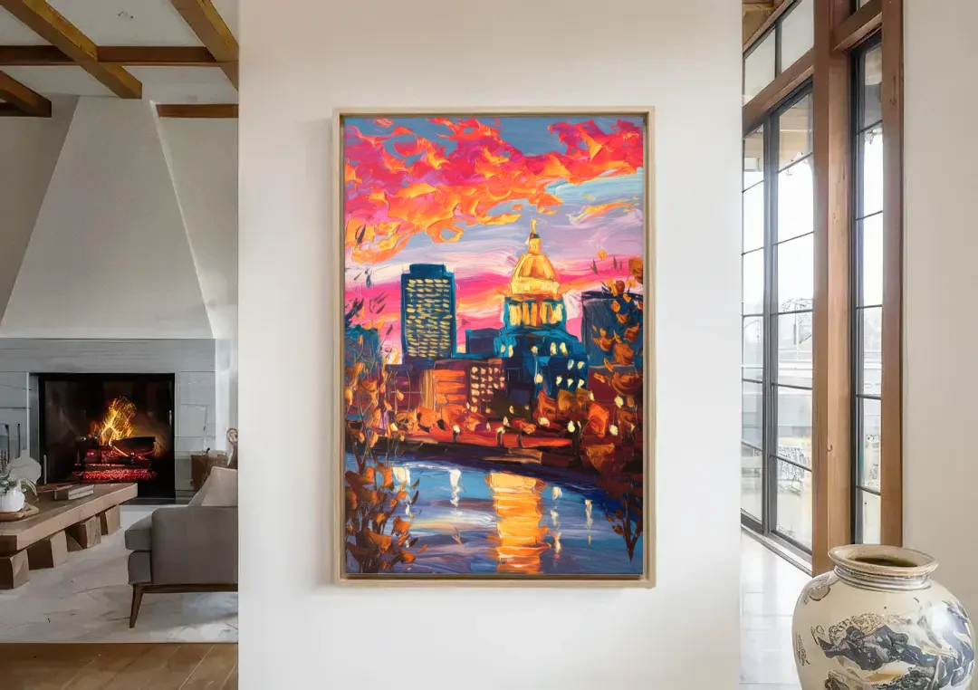 Des Moines Evening Lights canvas wall art in a living room with a fireplace