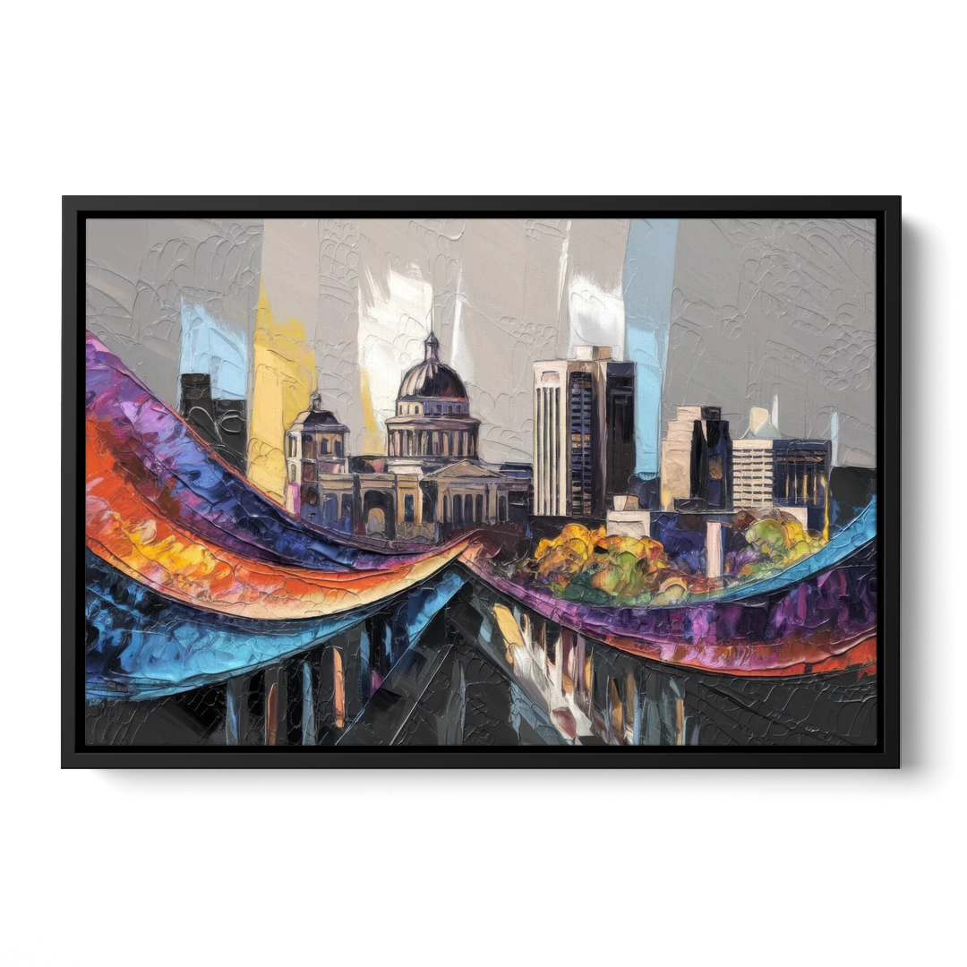Des Moines Historic Landmarks - Black Framed Canvas Wall Art - Front