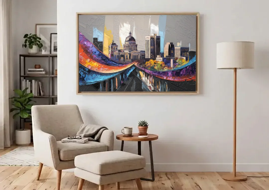 Des Moines Historic Landmarks canvas wall art above an armchair in a bright living room