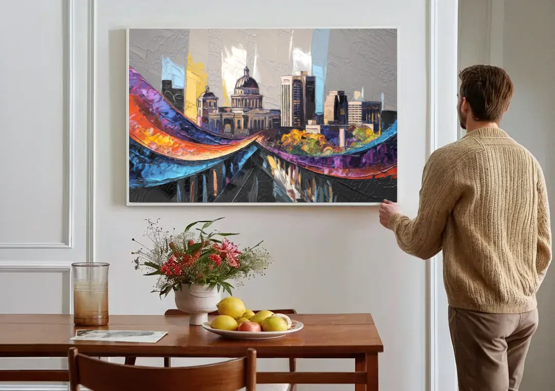Des Moines Historic Landmarks canvas wall art above a dining table