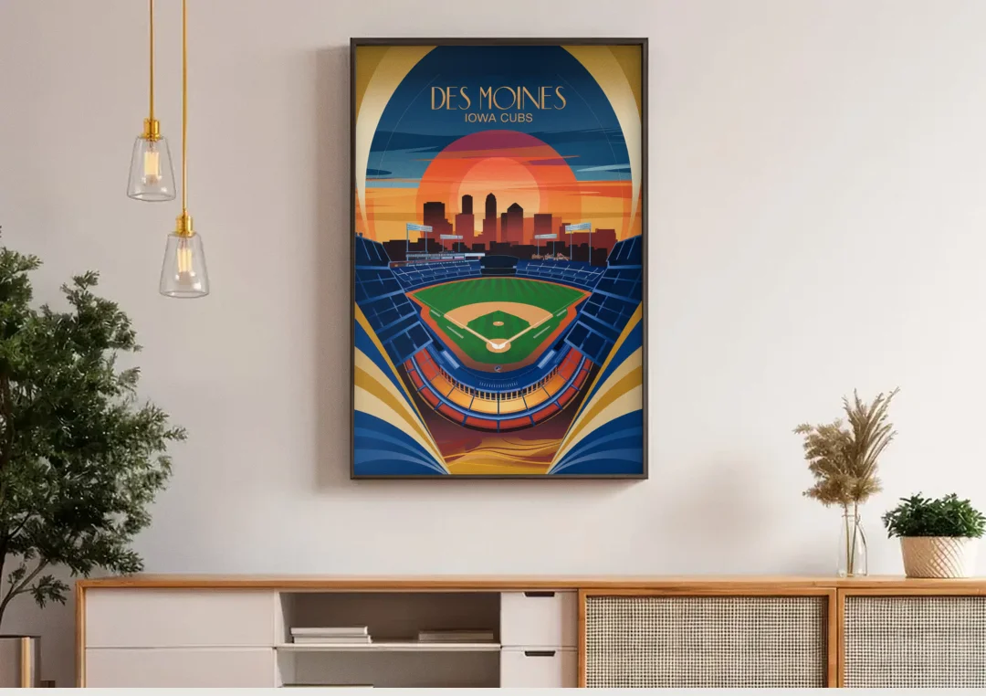 Des Moines Iowa Cubs Stadium canvas wall art above a wooden sideboard under pendant lights