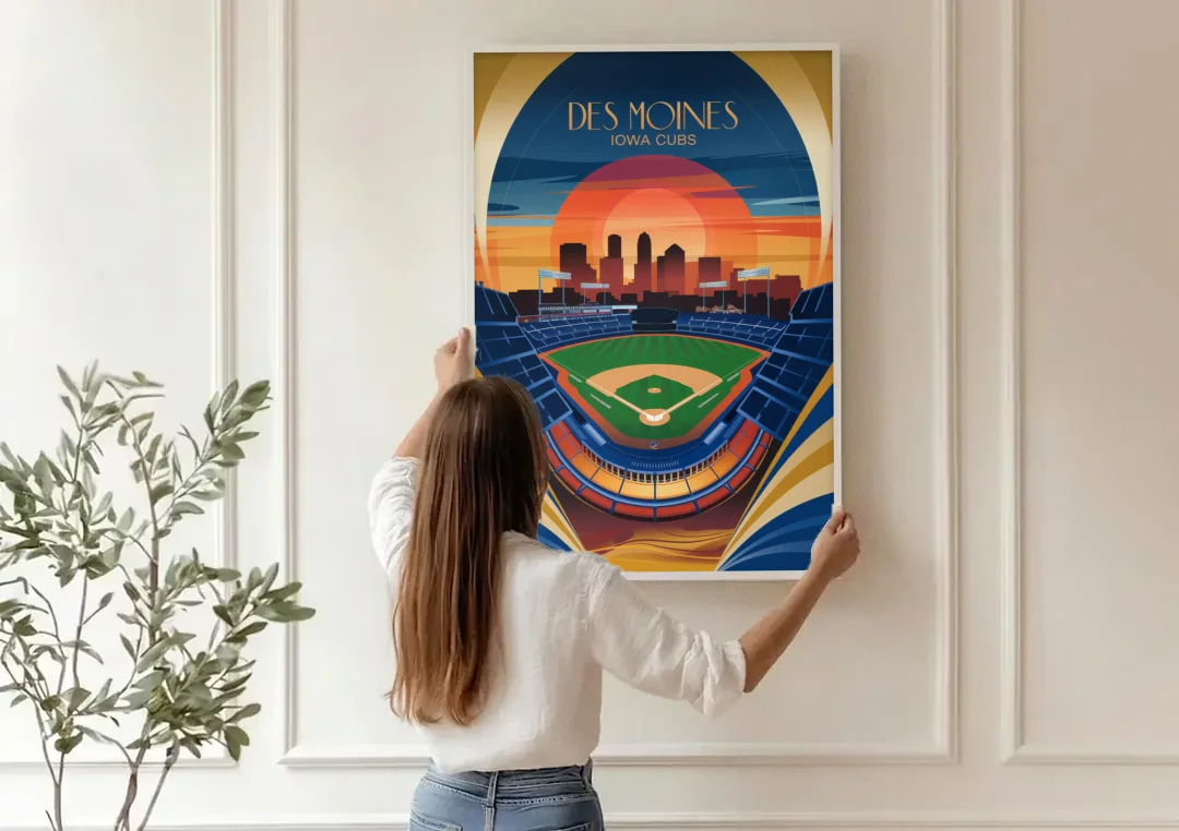 Des Moines Iowa Cubs Stadium canvas wall art being hung on a paneled wall