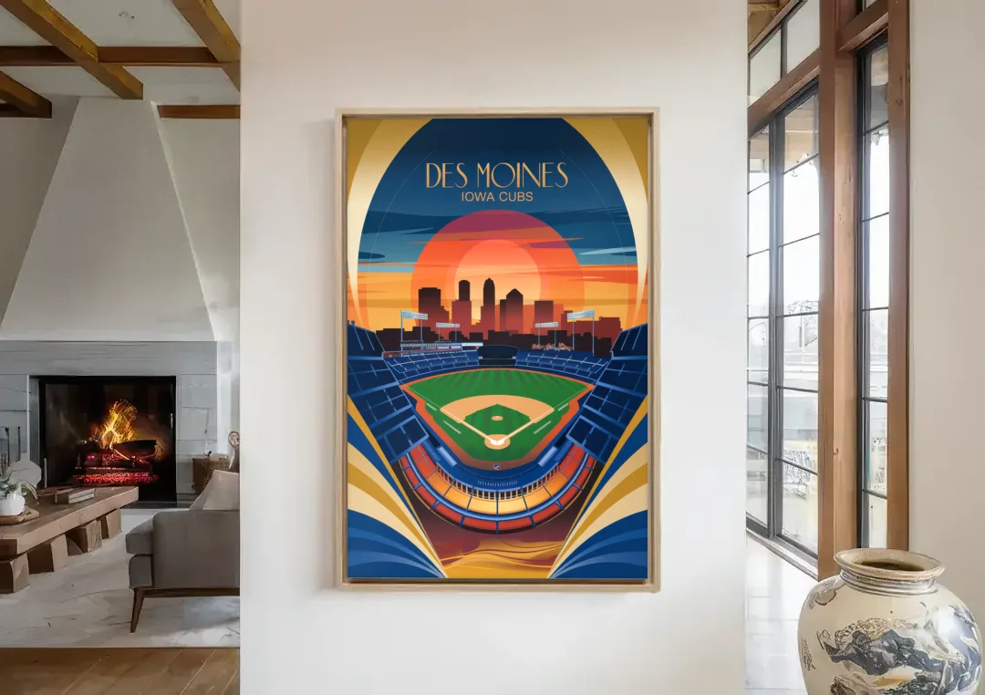 Des Moines Iowa Cubs Stadium canvas wall art in a living room with a fireplace