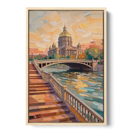 Des Moines Scenic Riverfront - Oak Framed Canvas Wall Art - Front