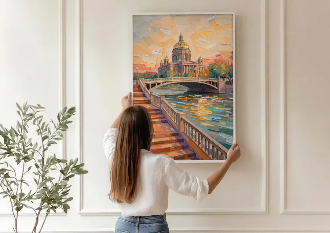 Des Moines Scenic Riverfront canvas wall art being hung on a paneled wall