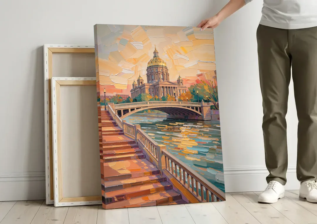 Des Moines Scenic Riverfront canvas wall art leaning against a wall next to blank canvases