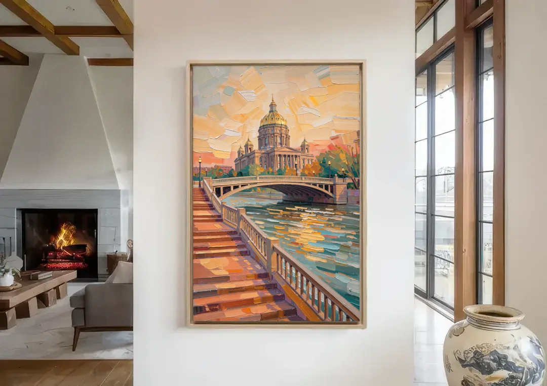 Des Moines Scenic Riverfront canvas wall art in a living room with a fireplace