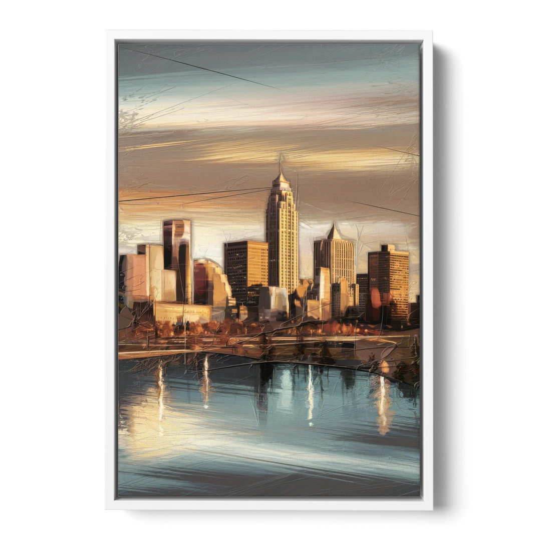 Des Moines Skyline Panorama - White Framed Canvas Wall Art - Front