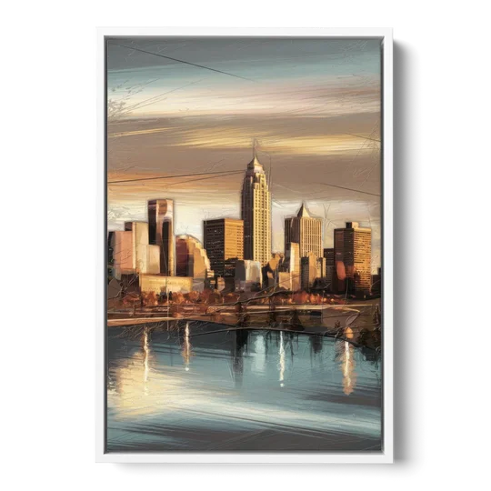 Des Moines Skyline Panorama - White Framed Canvas Wall Art - Front