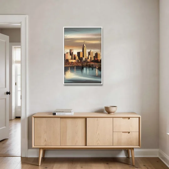 Des Moines Skyline Panorama - White Framed Canvas Wall Art - Coffee Table - 24x36