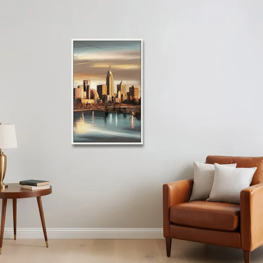 Des Moines Skyline Panorama - White Framed Canvas Wall Art - Sofa - 24x36
