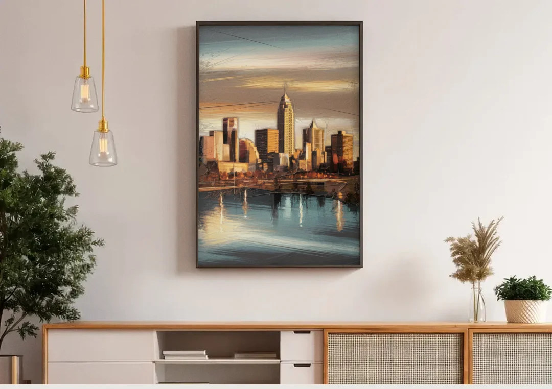 Des Moines Skyline Panorama canvas wall art above a wooden sideboard under pendant lights