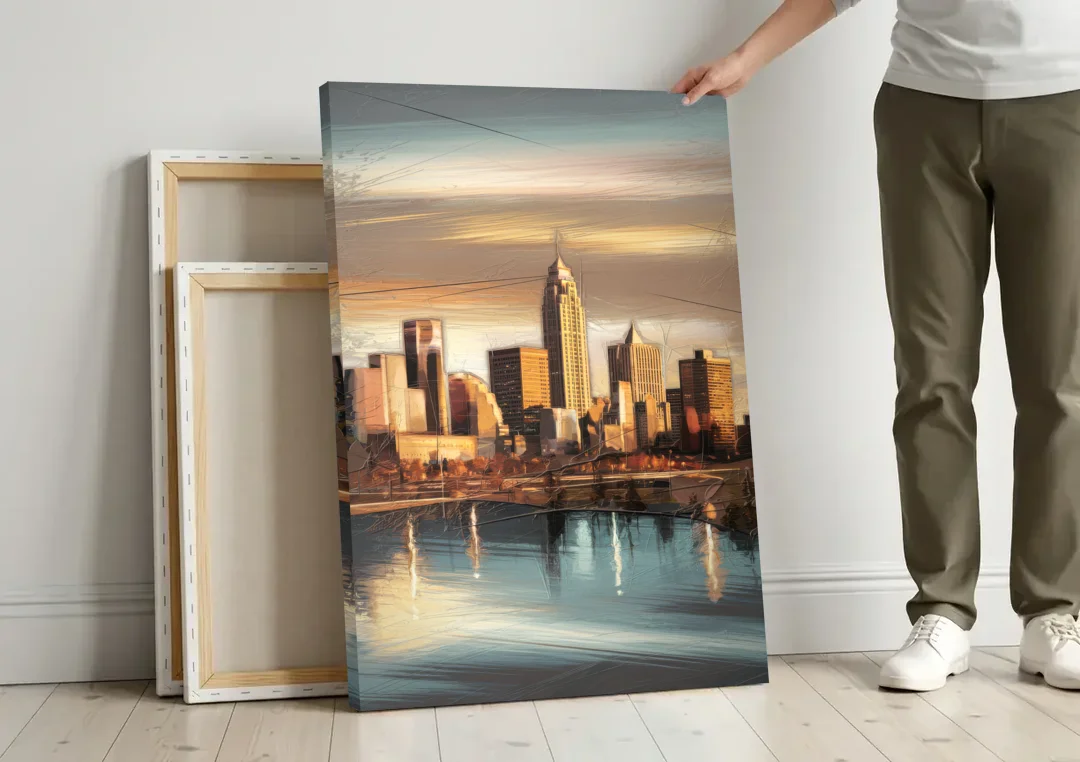 Des Moines Skyline Panorama canvas wall art leaning against a wall next to blank canvases