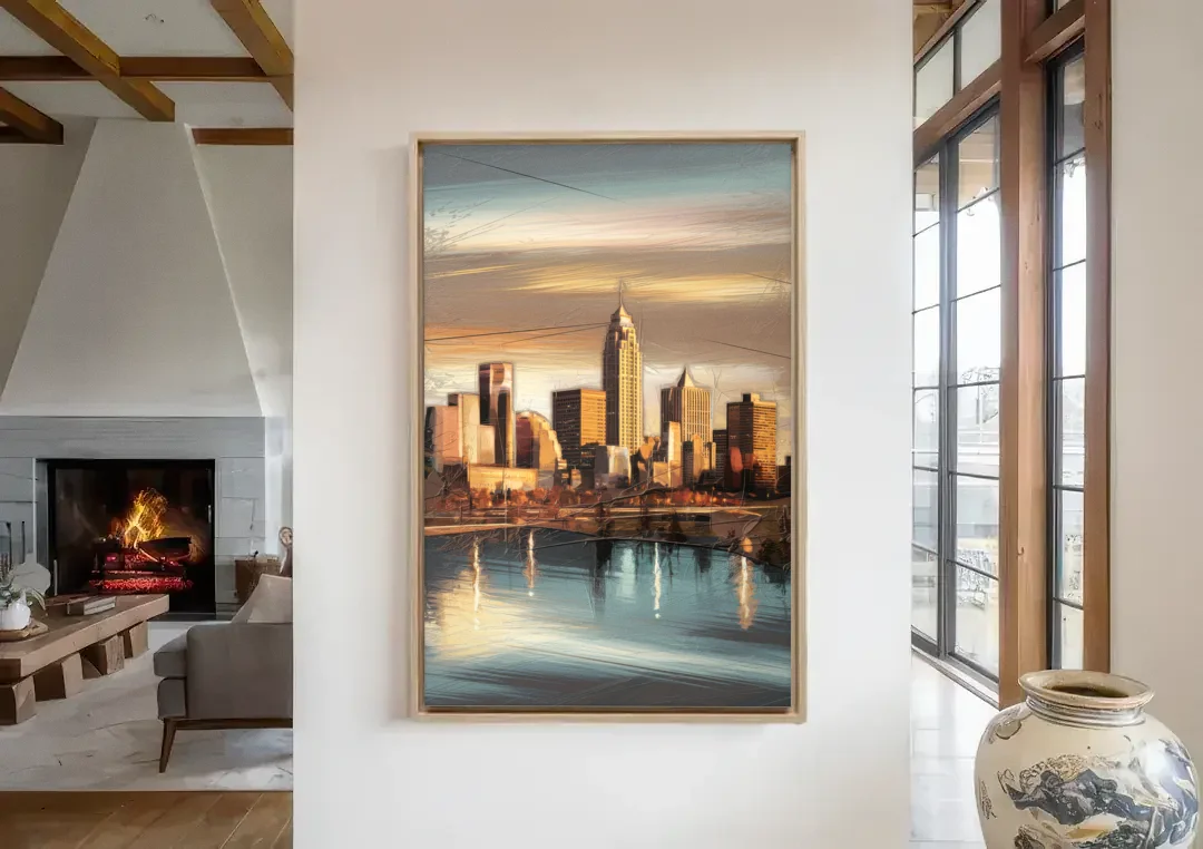 Des Moines Skyline Panorama canvas wall art in a living room with a fireplace