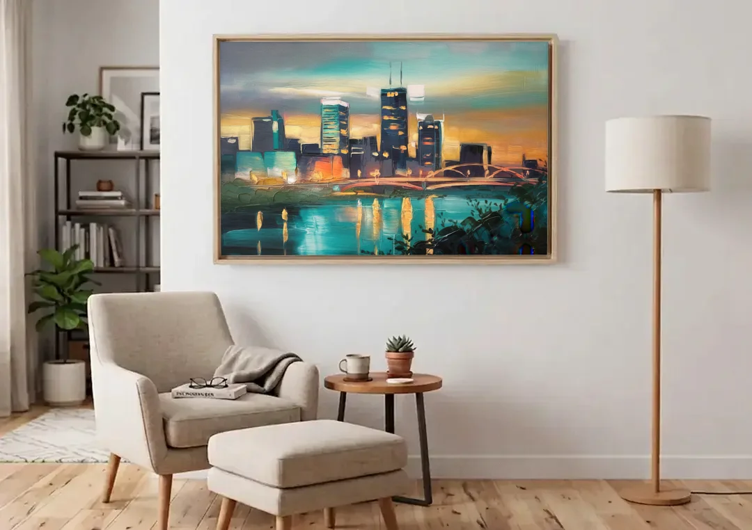 Des Moines Urban Charm canvas wall art above an armchair in a bright living room