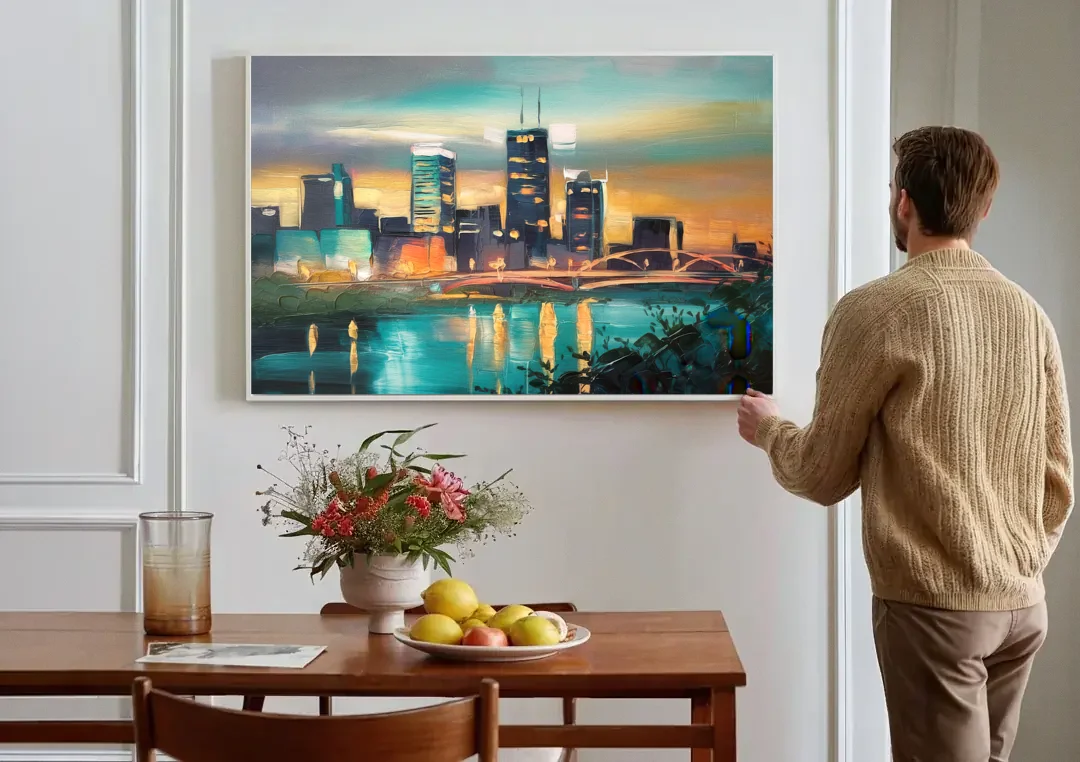 Des Moines Urban Charm canvas wall art above a dining table