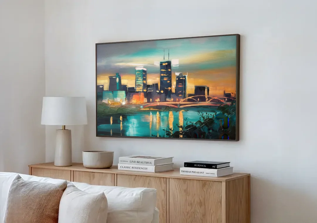 Des Moines Urban Charm canvas wall art above a wooden sideboard next to a sofa