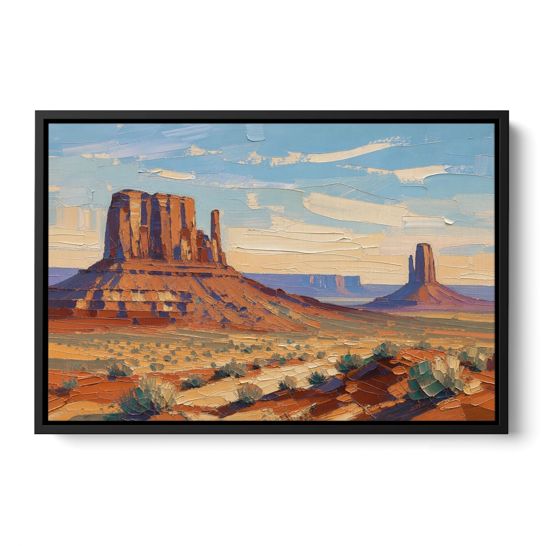 Desert Landscape Painting of Layered Mesas - Black Framed Canvas Wall Art - Front