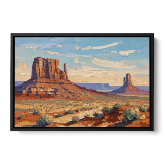 Desert Landscape Painting of Layered Mesas - Black Framed Canvas Wall Art - Front
