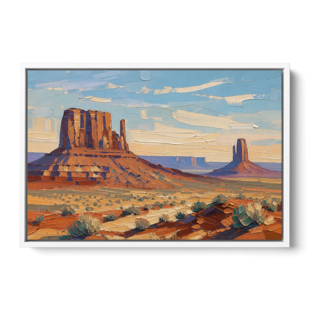 Desert Landscape Painting of Layered Mesas - White Framed Canvas Wall Art - Front