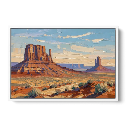 Desert Landscape Painting of Layered Mesas - White Framed Canvas Wall Art - Front