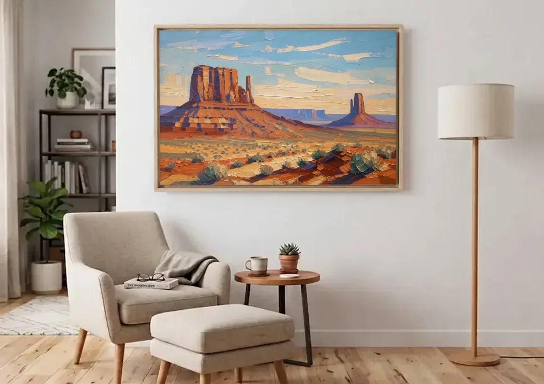 Desert Landscape Painting of Layered Mesas canvas wall art above an armchair in a bright living room