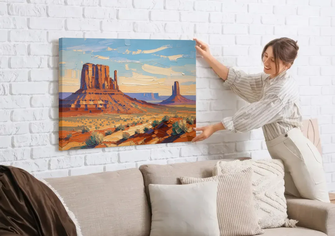 Desert Landscape Painting of Layered Mesas canvas wall art being hung on a white brick wall above a sofa