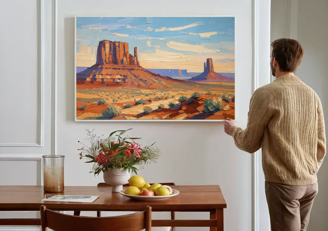 Desert Landscape Painting of Layered Mesas canvas wall art above a dining table