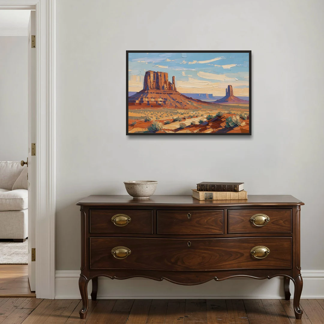 Desert Landscape Painting of Layered Mesas - Black Framed Canvas Wall Art - Coffee Table - 36x24